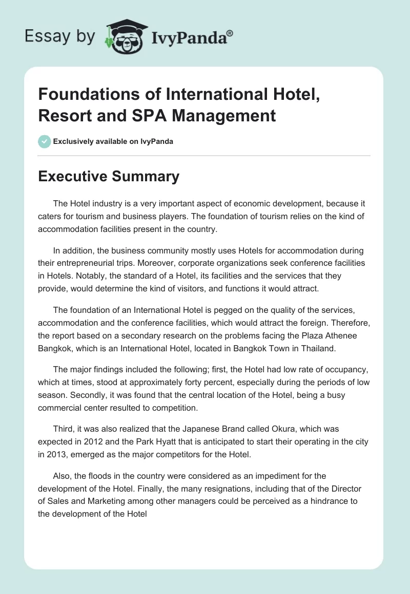 Foundations of International Hotel, Resort and SPA Management. Page 1