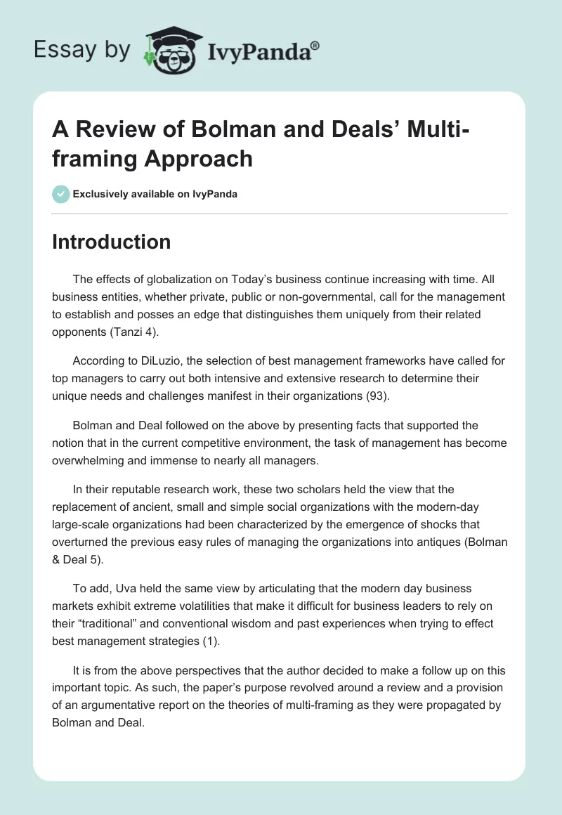 A Review of Bolman and Deals’ Multi-framing Approach. Page 1