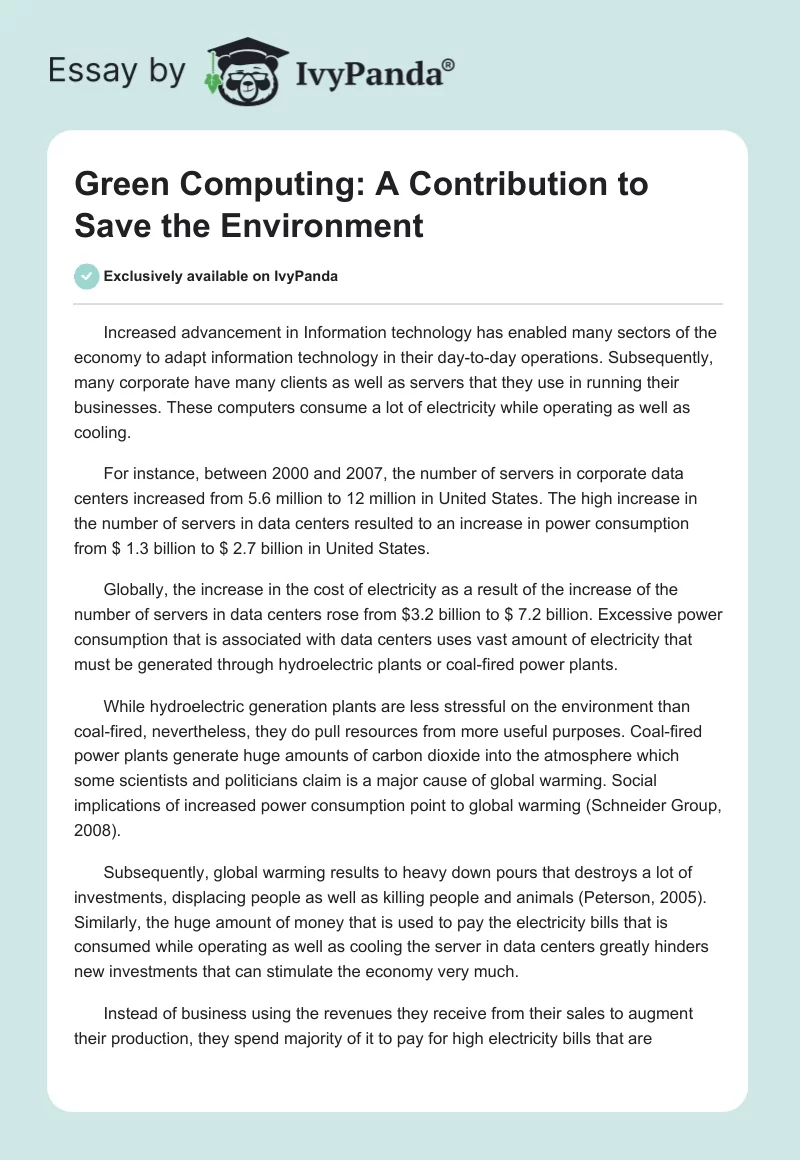 Green Computing: A Contribution to Save the Environment. Page 1
