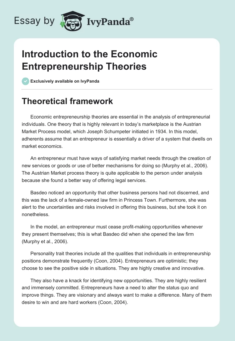 Introduction to the Economic Entrepreneurship Theories. Page 1