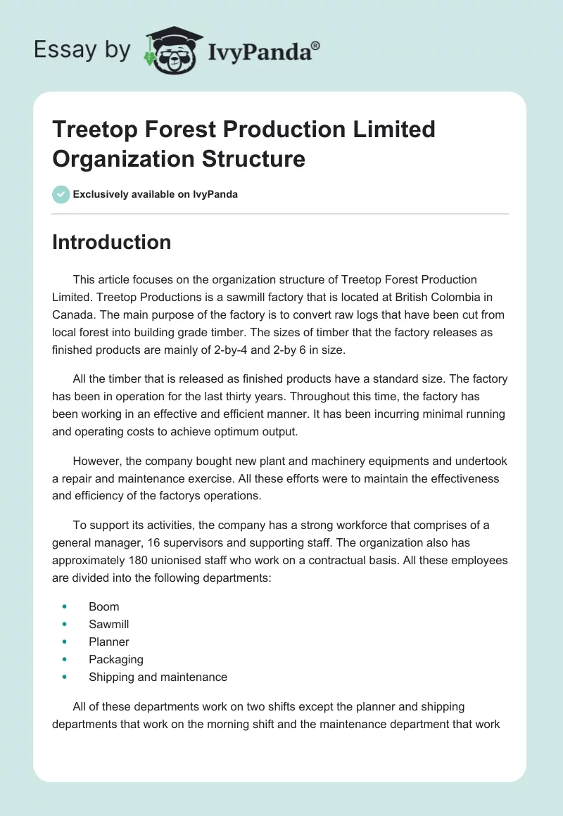 Treetop Forest Production Limited Organization Structure. Page 1