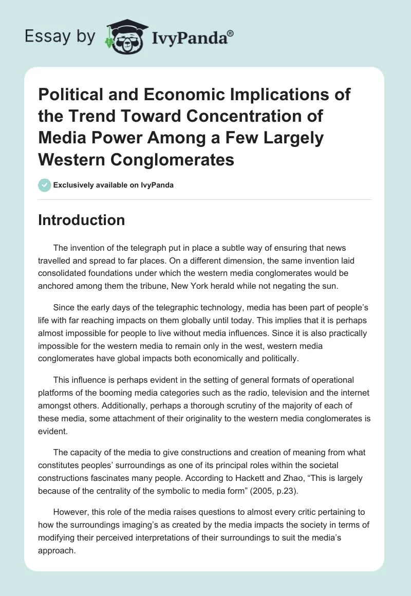 Political and Economic Implications of the Trend Toward Concentration of Media Power Among a Few Largely Western Conglomerates. Page 1