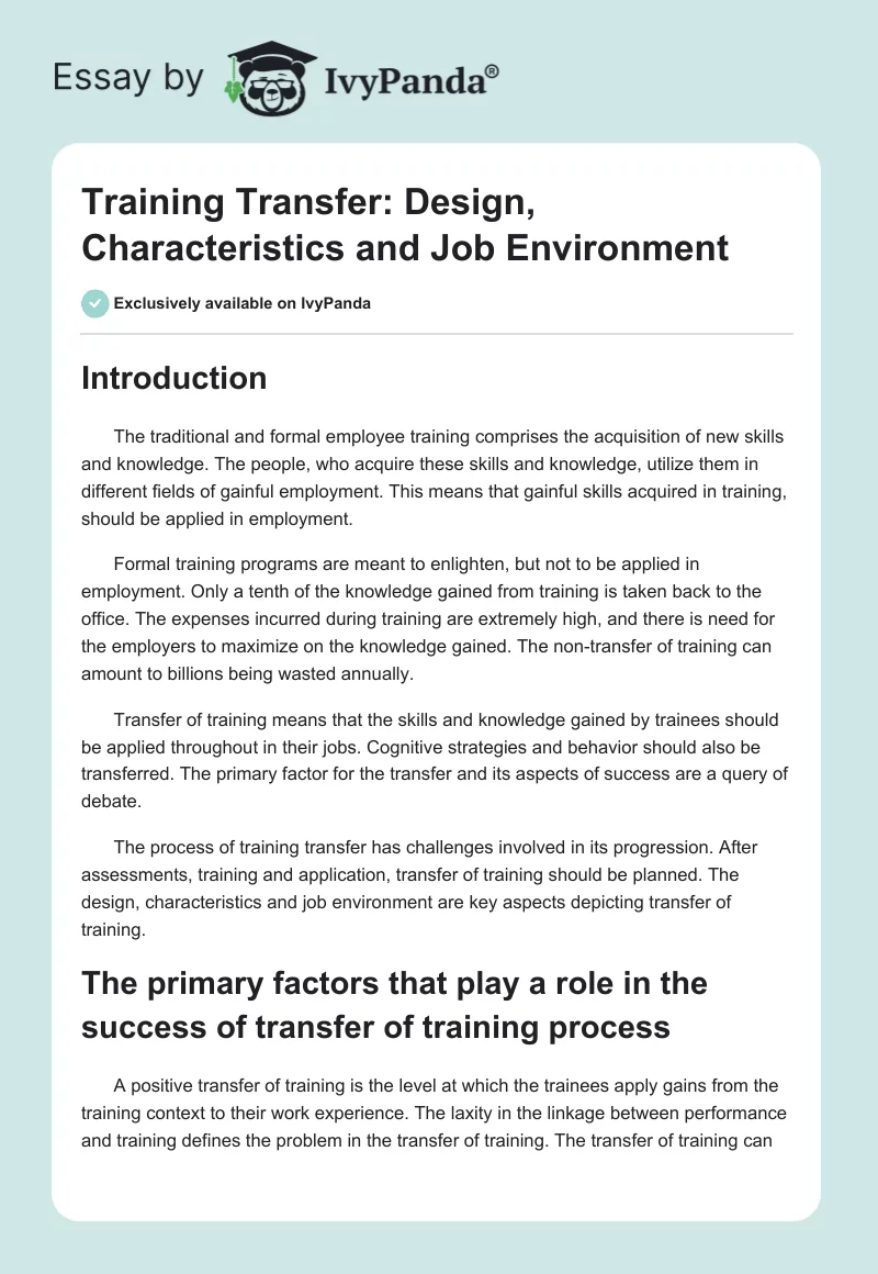 Training Transfer: Design, Characteristics and Job Environment. Page 1
