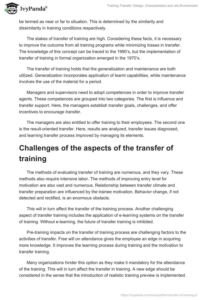 Training Transfer: Design, Characteristics and Job Environment. Page 2