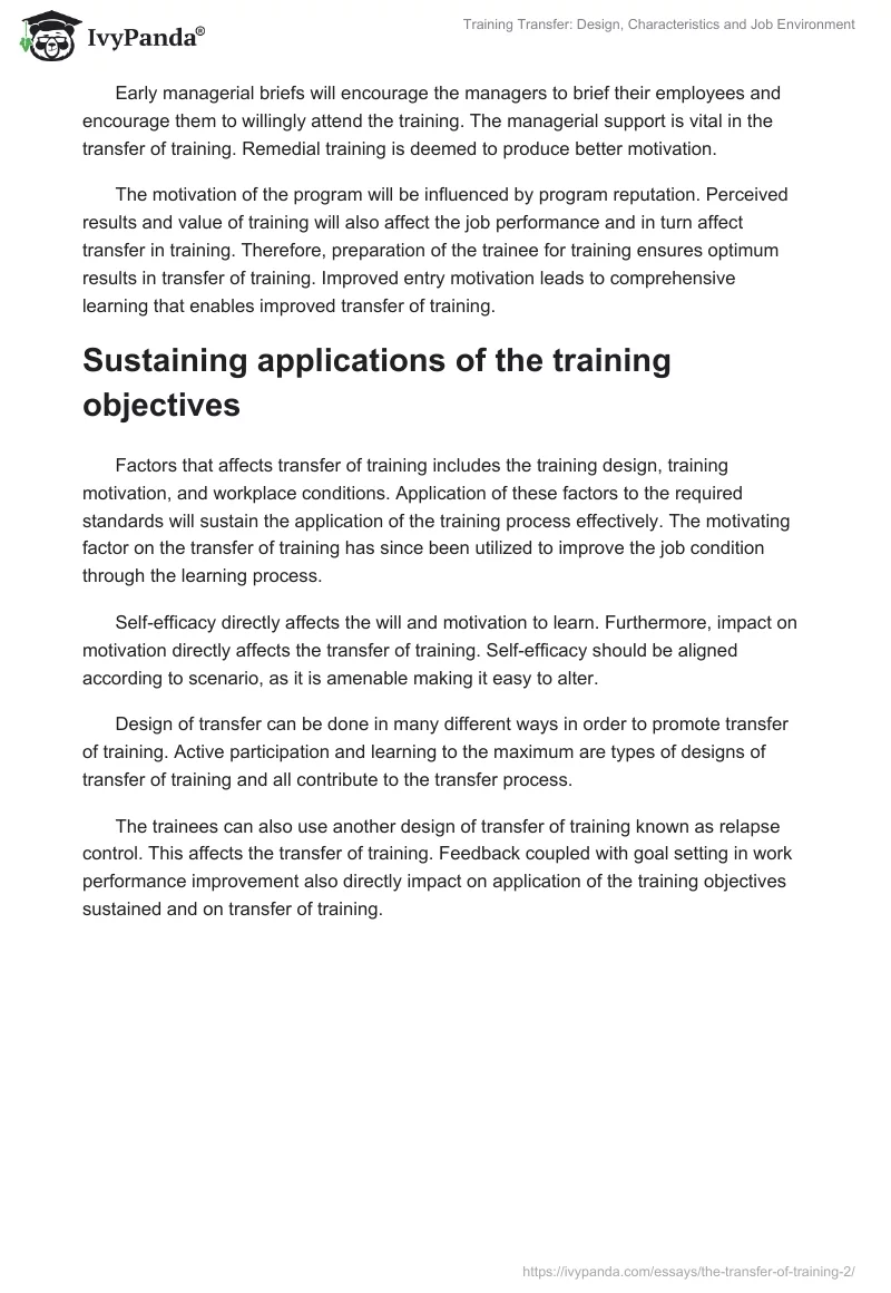 Training Transfer: Design, Characteristics and Job Environment. Page 3
