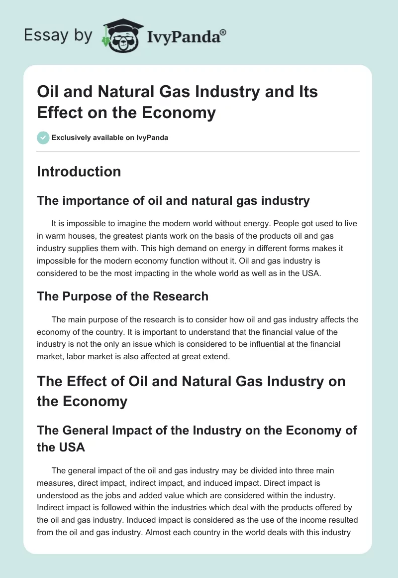Oil and Natural Gas Industry and Its Effect on the Economy. Page 1