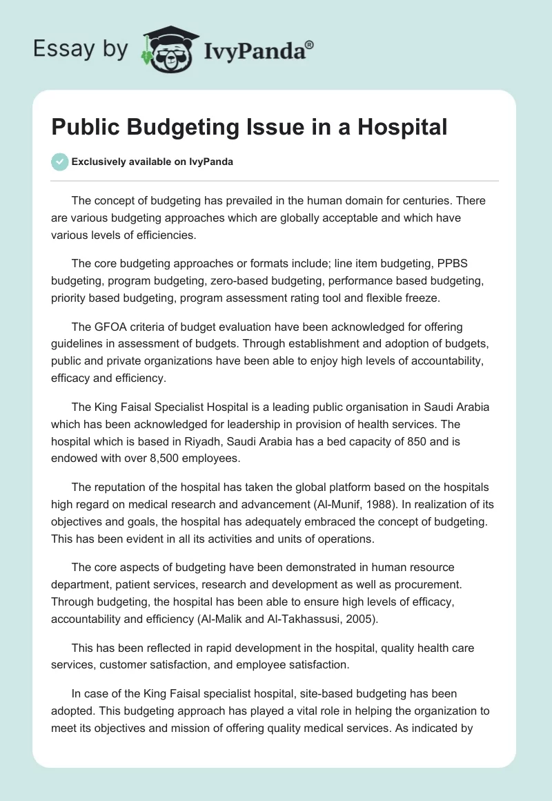 Public Budgeting Issue in a Hospital. Page 1