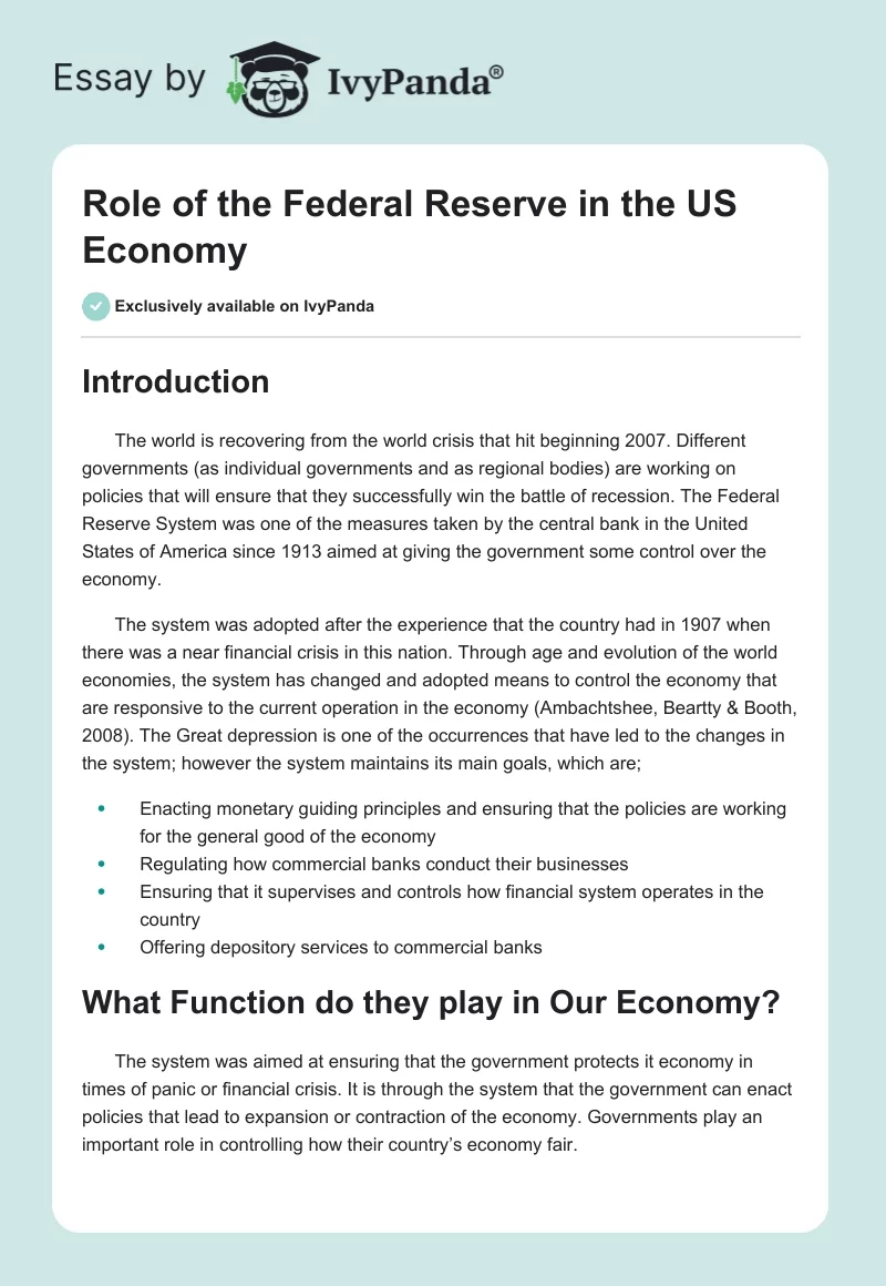 Role of the Federal Reserve in the US Economy. Page 1