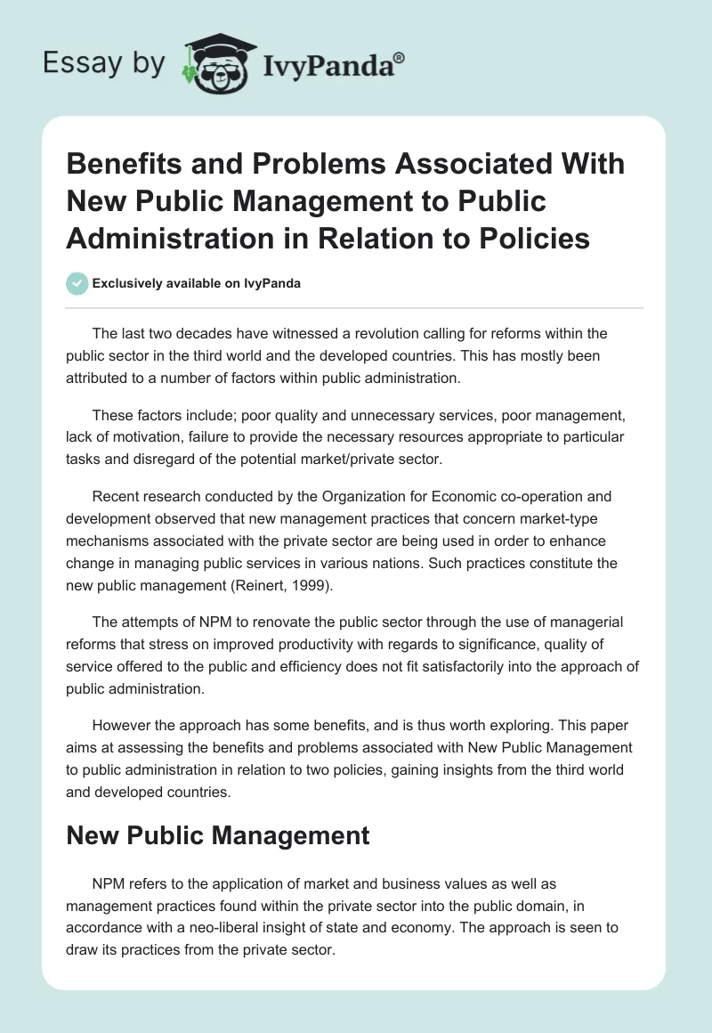 Benefits and Problems Associated With New Public Management to Public Administration in Relation to Policies. Page 1