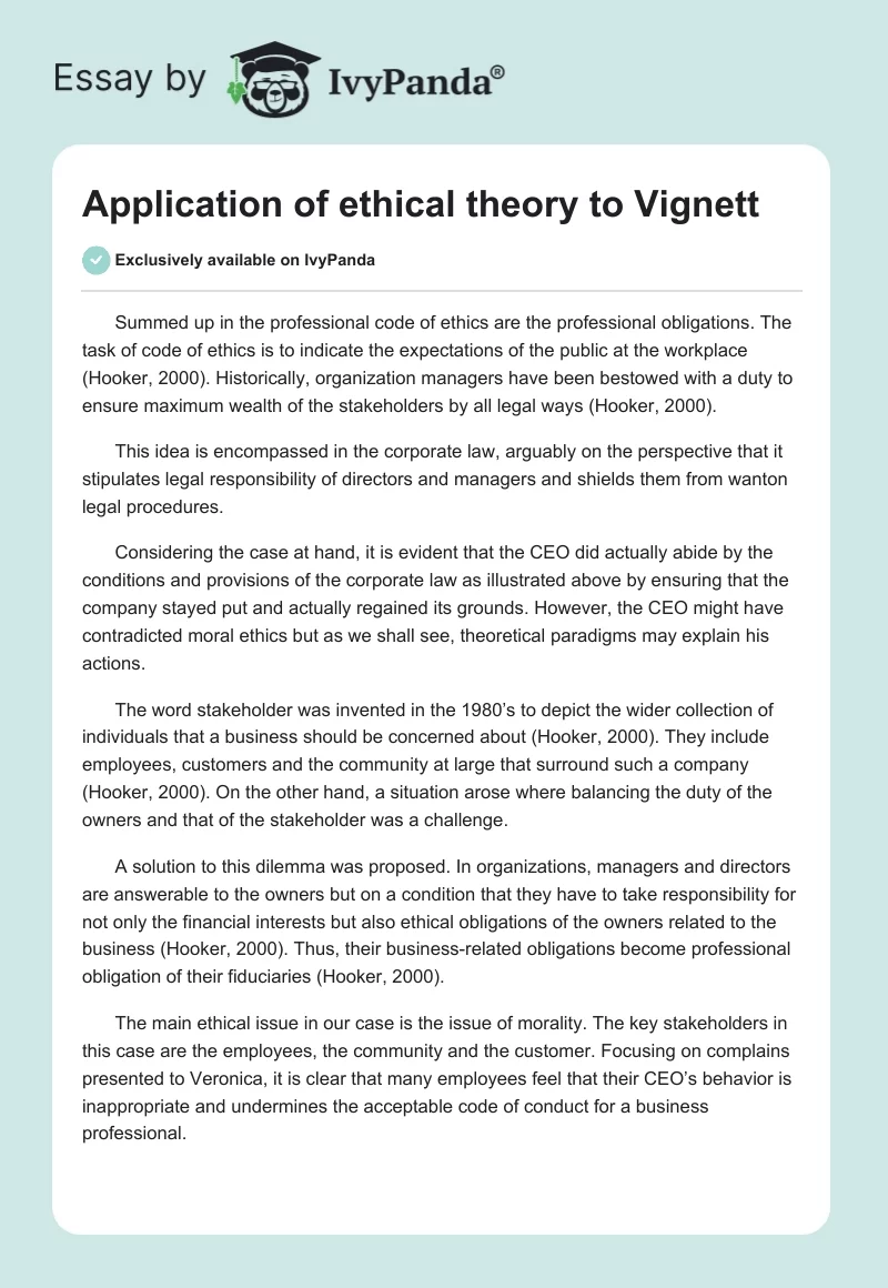 Application of ethical theory to Vignett. Page 1