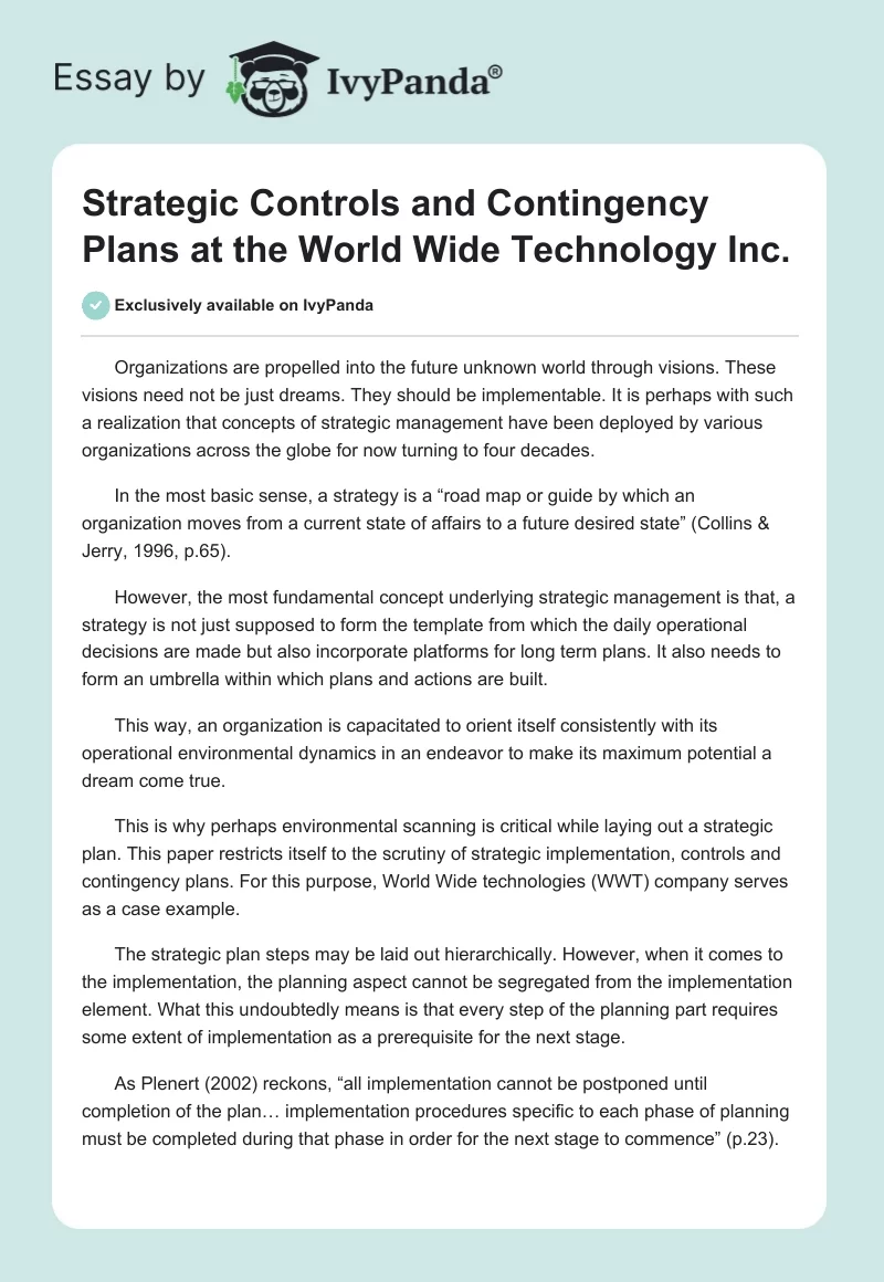 Strategic Controls and Contingency Plans at the World Wide Technology Inc.. Page 1