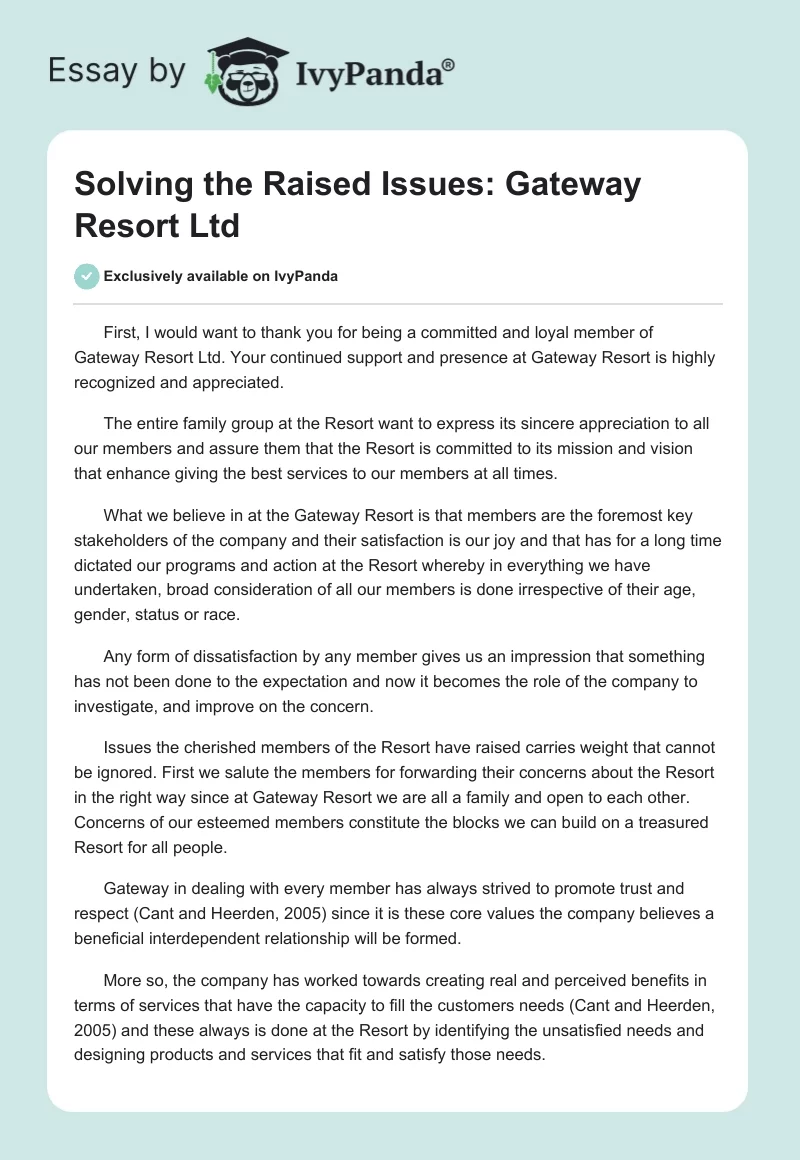 Solving the Raised Issues: Gateway Resort Ltd. Page 1