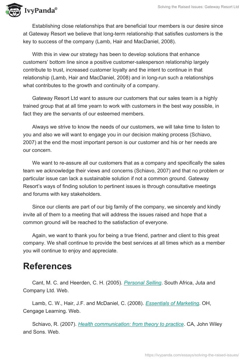 Solving the Raised Issues: Gateway Resort Ltd. Page 2