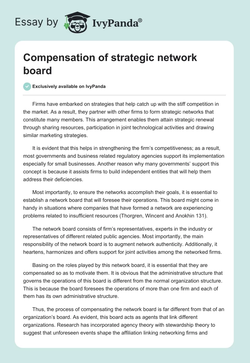 Compensation of strategic network board. Page 1