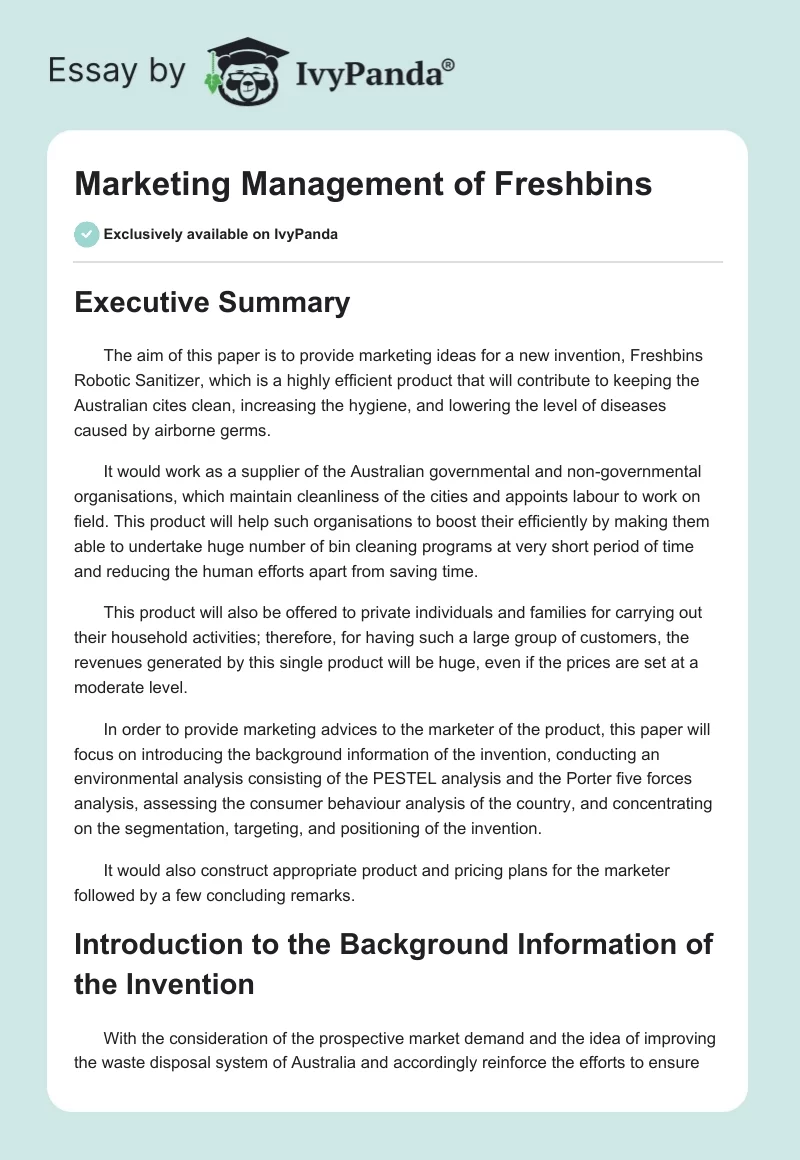 Marketing Management of Freshbins. Page 1