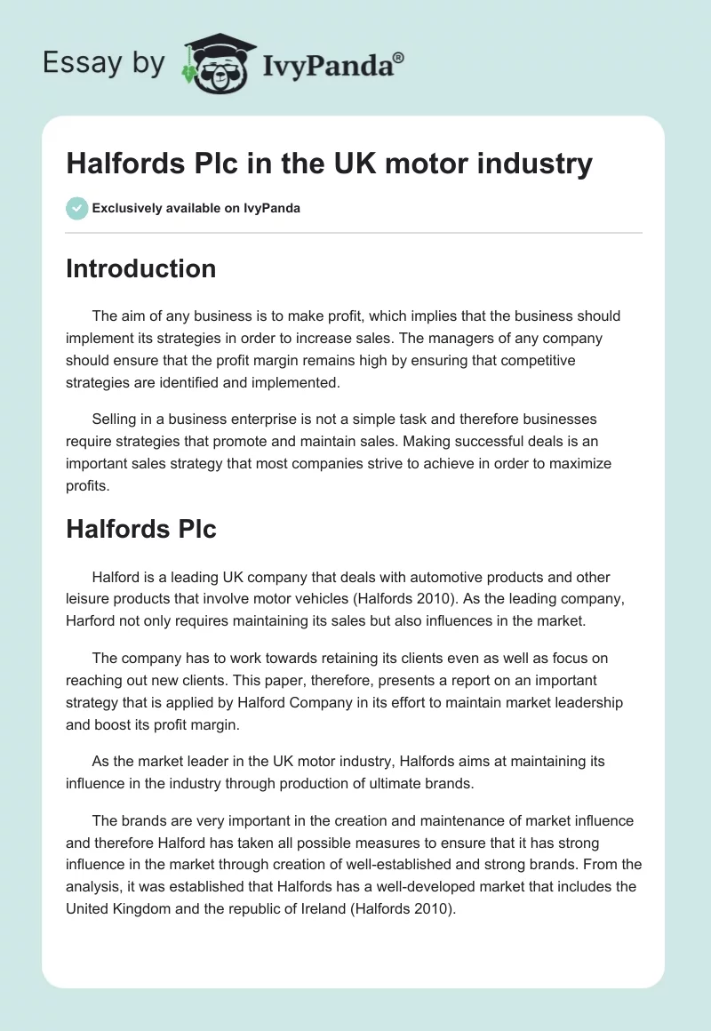 Halfords Plc in the UK motor industry. Page 1