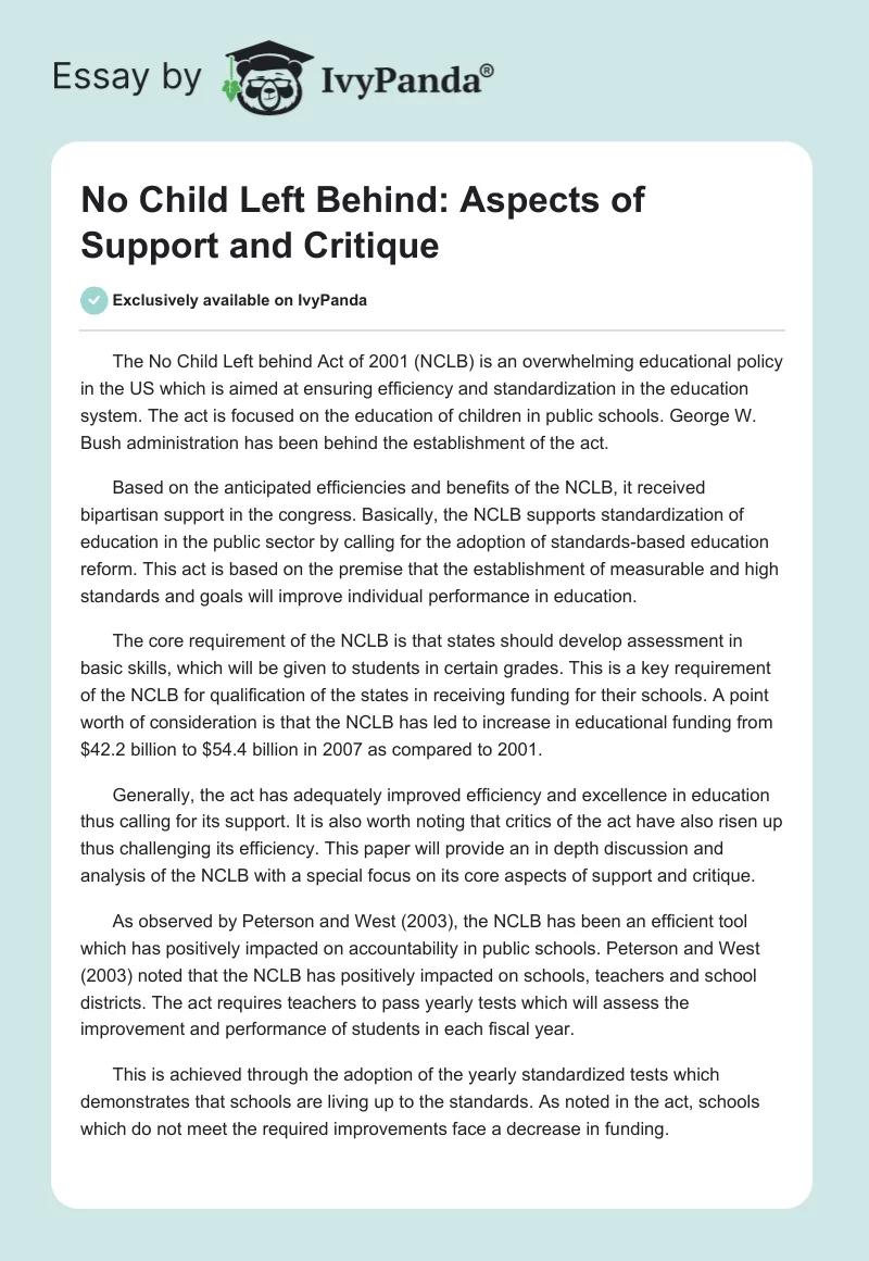 No Child Left Behind: Aspects of Support and Critique. Page 1