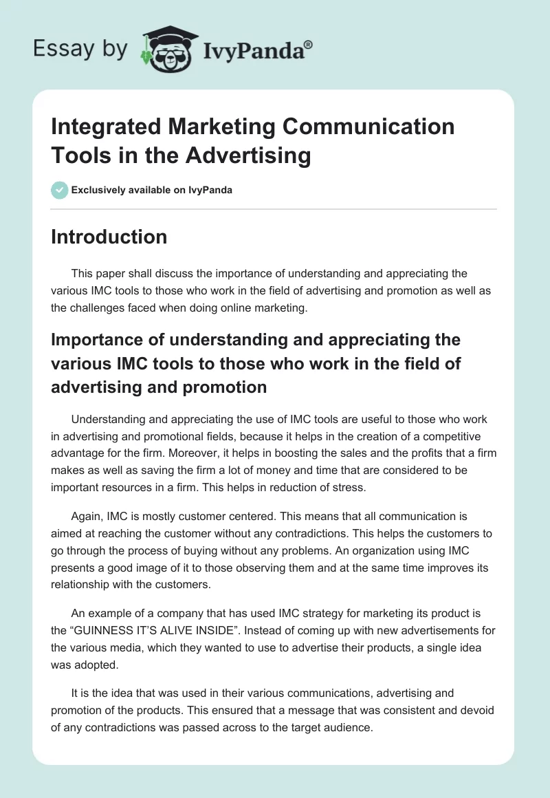 Integrated Marketing Communication Tools in the Advertising. Page 1