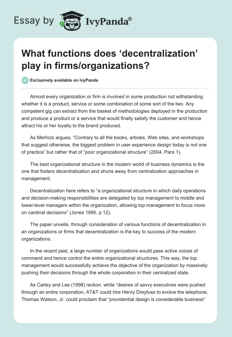 What functions does ‘decentralization’ play in firms/organizations?. Page 1