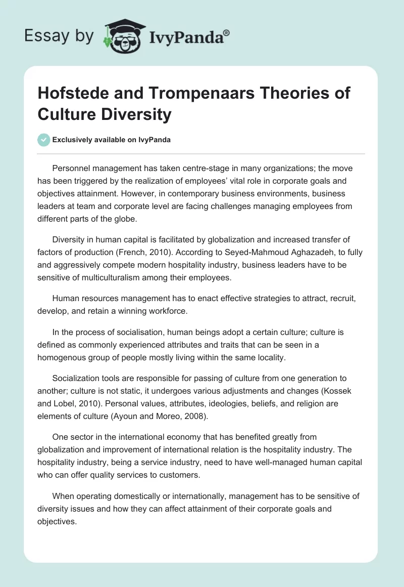 Hofstede and Trompenaars Theories of Culture Diversity. Page 1