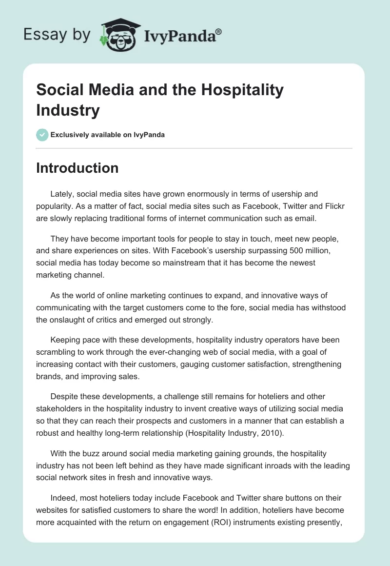 Social Media and the Hospitality Industry. Page 1