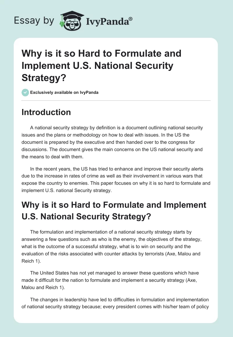 Why is it so Hard to Formulate and Implement U.S. National Security Strategy?. Page 1
