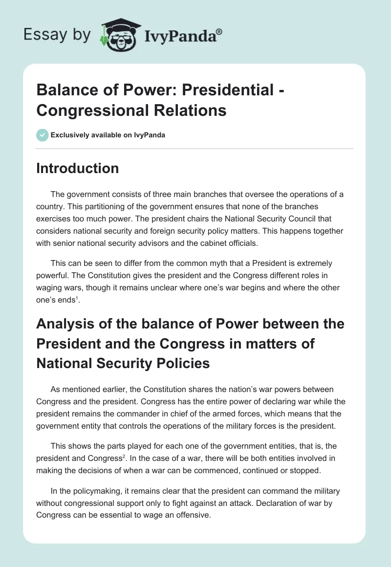 Balance of Power: Presidential - Congressional Relations. Page 1