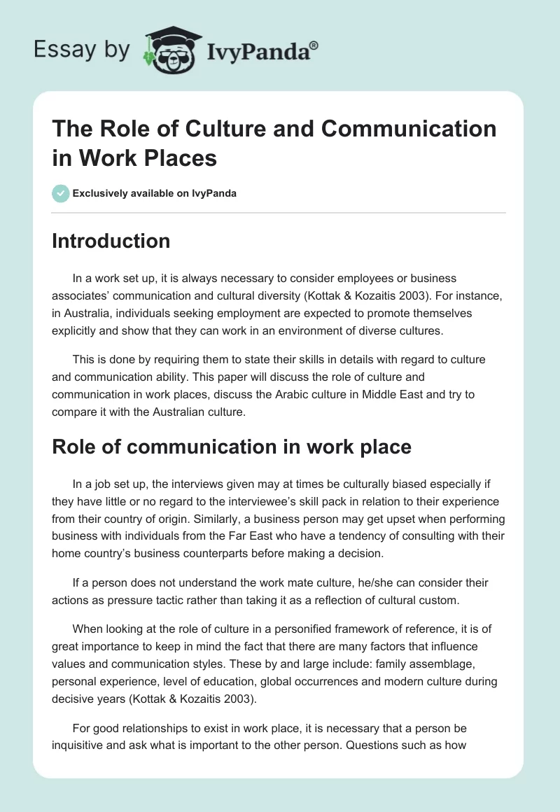 The Role of Culture and Communication in Work Places. Page 1