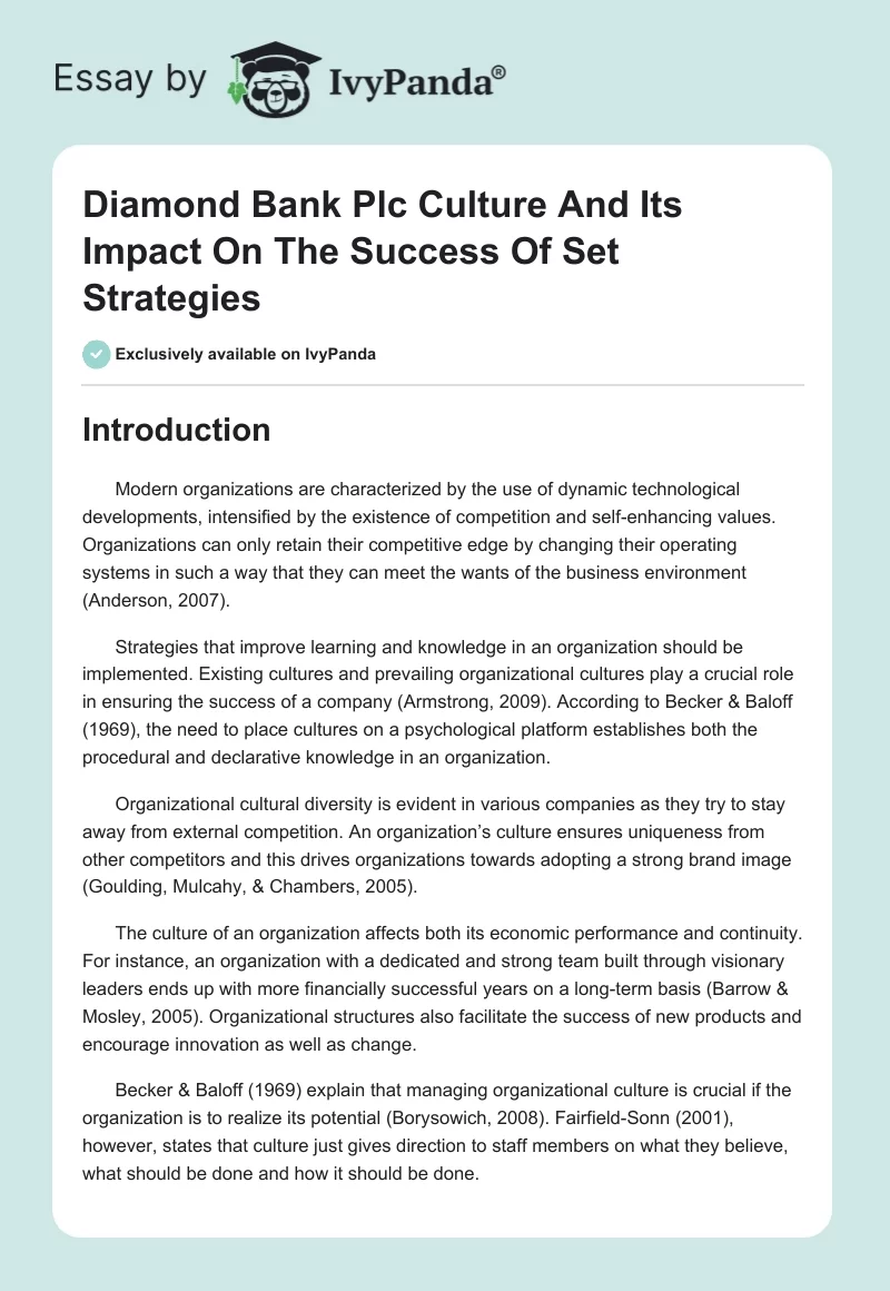 Diamond Bank Plc Culture And Its Impact On The Success Of Set Strategies. Page 1