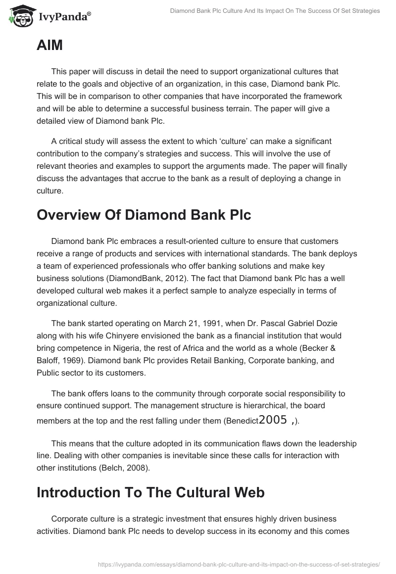 Diamond Bank Plc Culture And Its Impact On The Success Of Set Strategies. Page 2