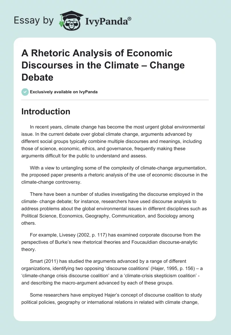 A Rhetoric Analysis of Economic Discourses in the Climate – Change Debate. Page 1