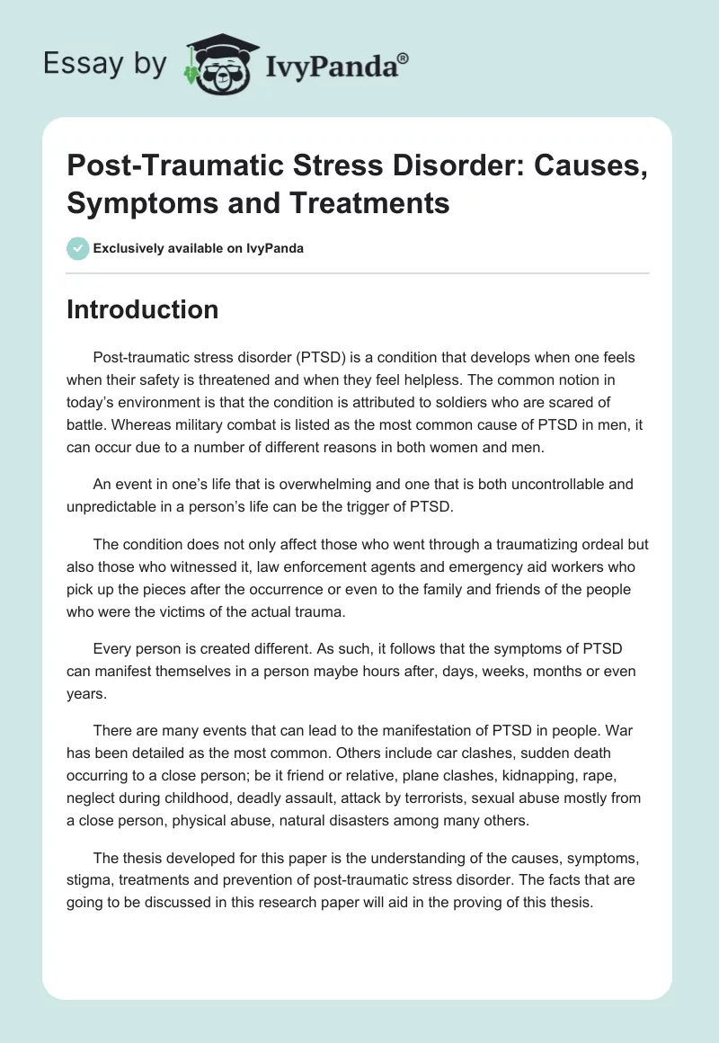 Post-Traumatic Stress Disorder: Causes, Symptoms and Treatments. Page 1
