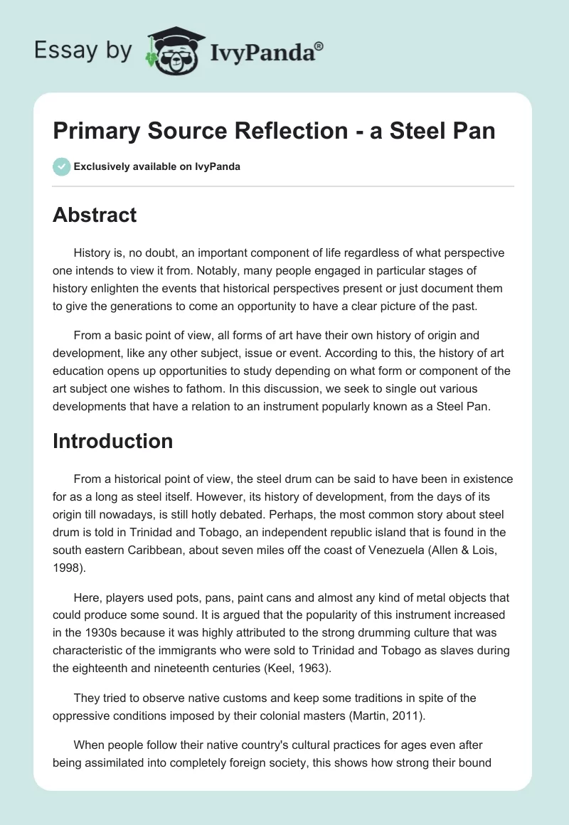 Primary Source Reflection - a Steel Pan. Page 1
