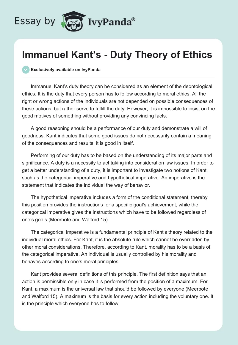 Immanuel Kant’s - Duty Theory of Ethics. Page 1