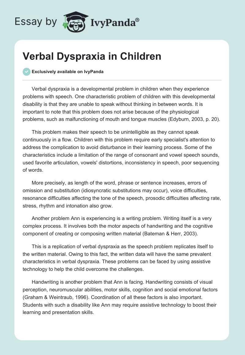 Verbal Dyspraxia in Children. Page 1