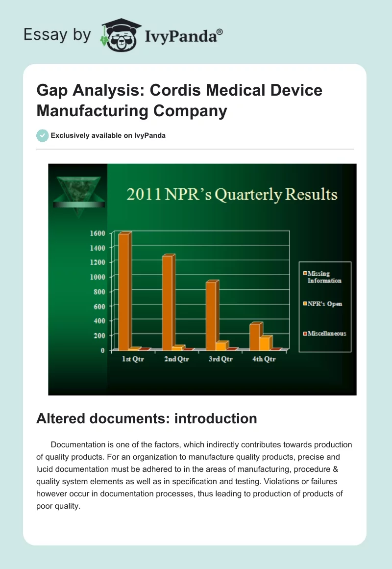 Gap Analysis: Cordis Medical Device Manufacturing Company. Page 1