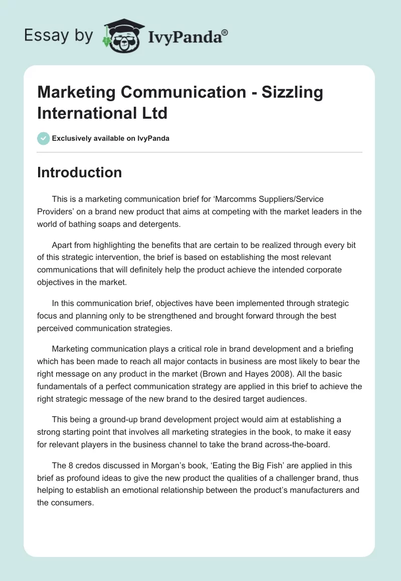 Marketing Сommunication - Sizzling International Ltd. Page 1
