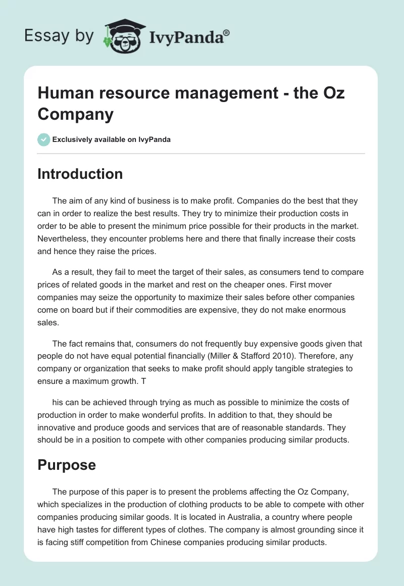 Human resource management - the Oz Company. Page 1
