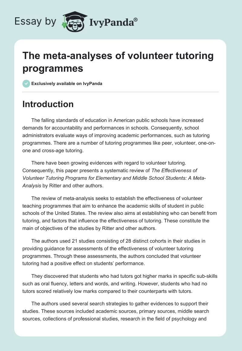 The Meta-Analyses of Volunteer Tutoring Programmes. Page 1