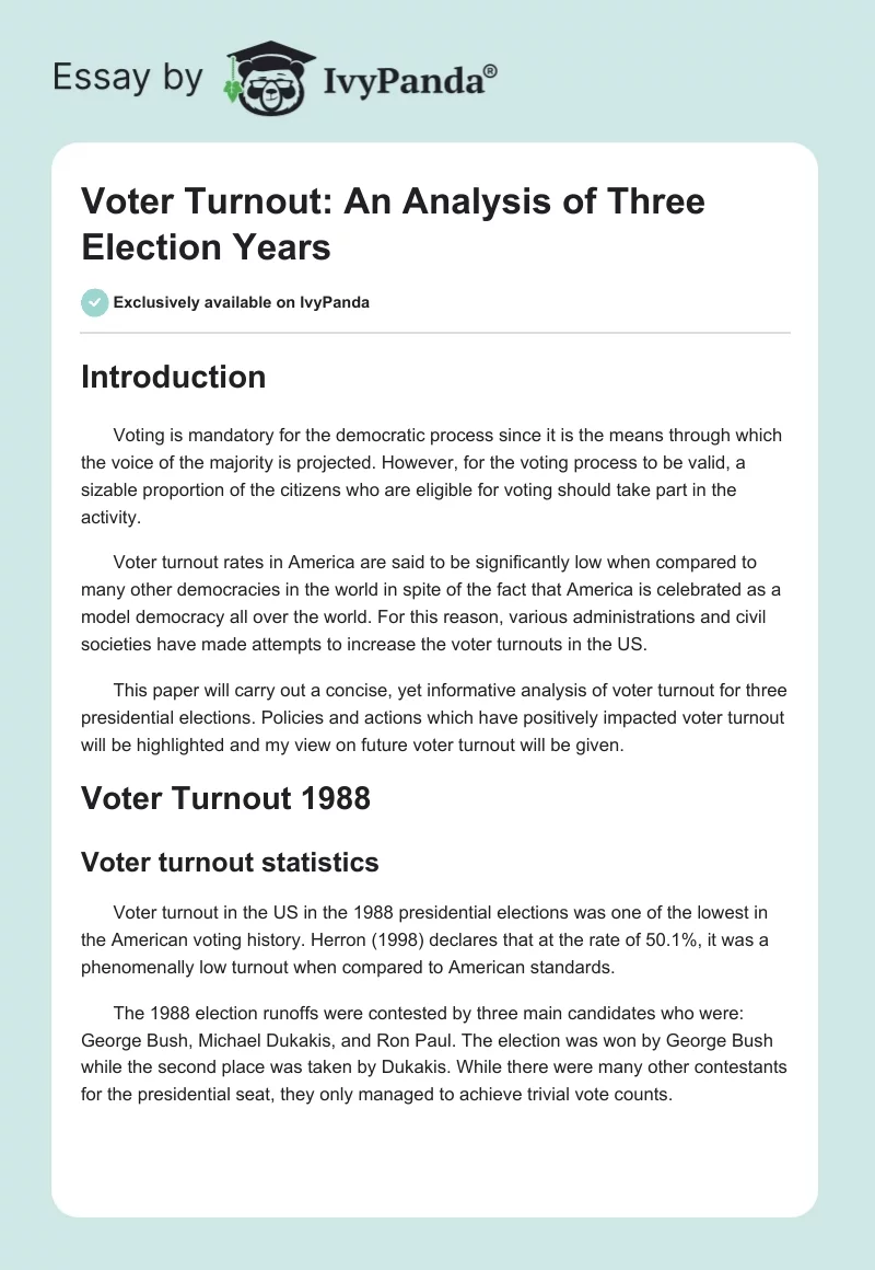 Voter Turnout: An Analysis of Three Election Years. Page 1
