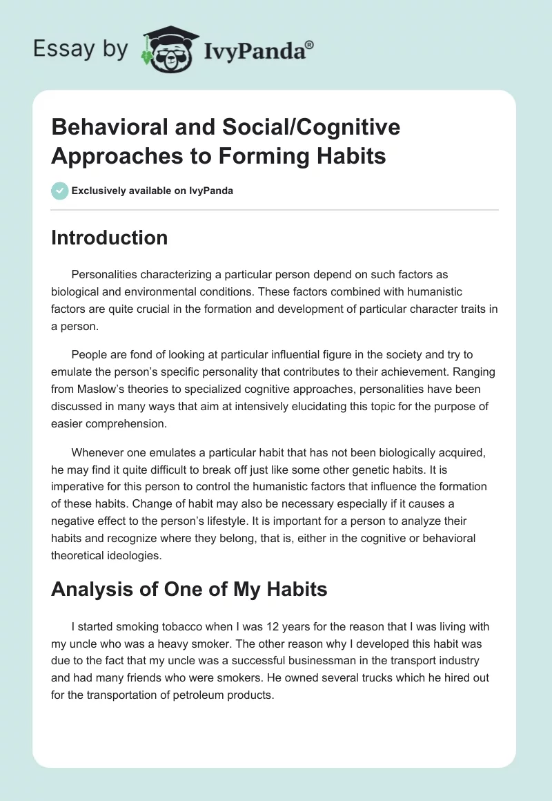 Behavioral and Social/Cognitive Approaches to Forming Habits. Page 1
