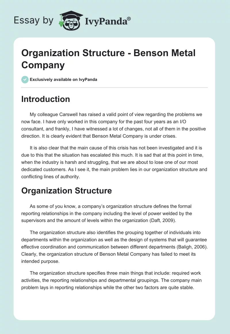 Organization Structure - Benson Metal Company. Page 1