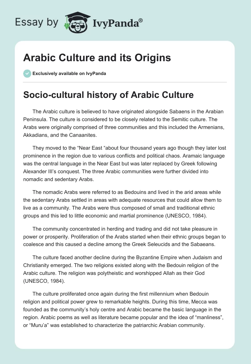 Arabic Culture and Its Origins. Page 1