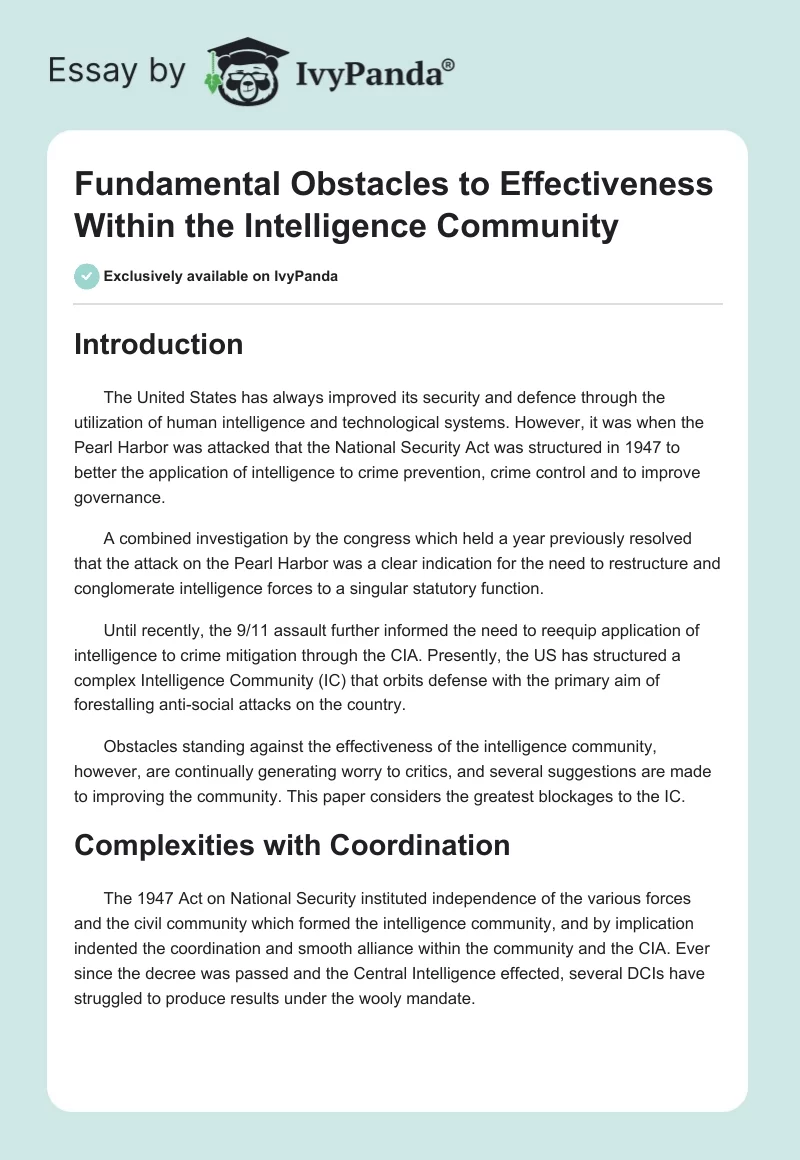 Fundamental Obstacles to Effectiveness Within the Intelligence Community. Page 1