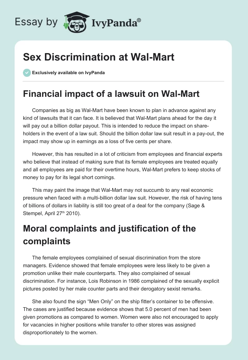 Sex Discrimination at Wal-Mart - 963 Words | Coursework Example