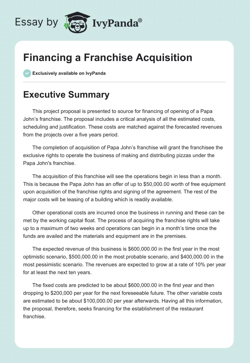 Financing a Franchise Acquisition. Page 1
