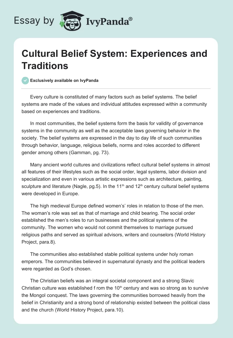 Cultural Belief System: Experiences and Traditions. Page 1
