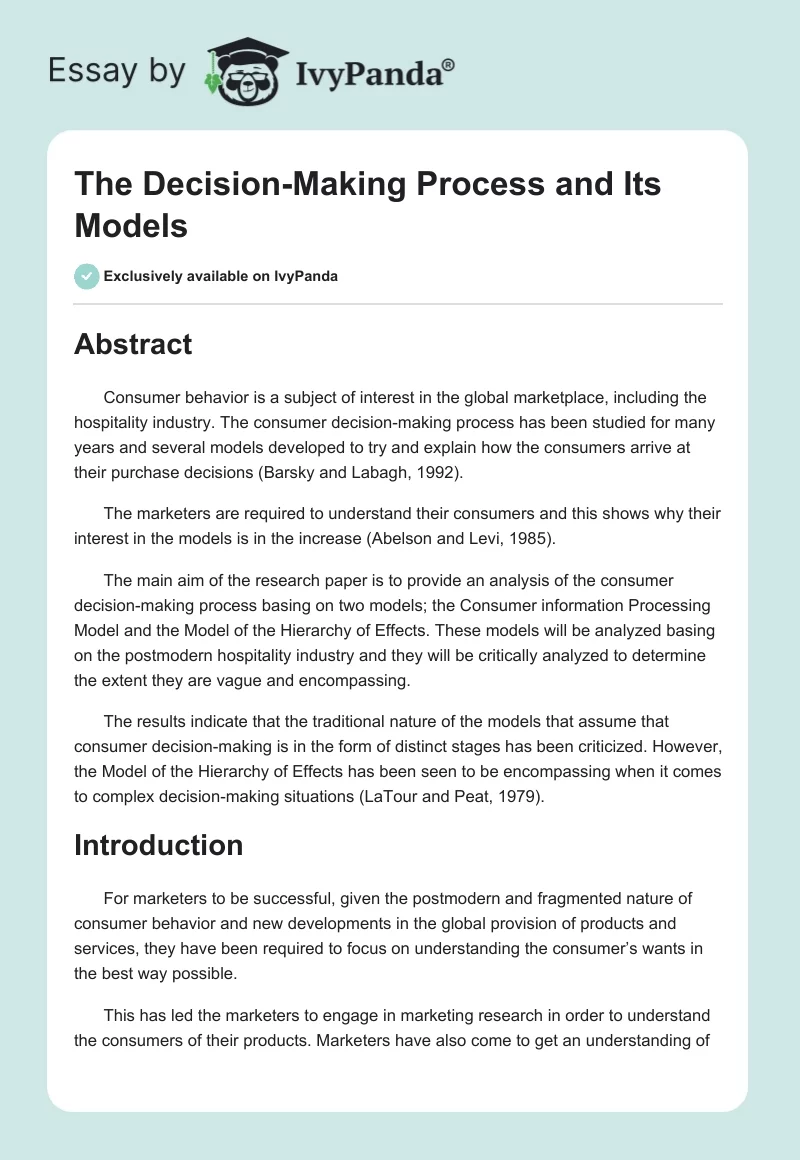 The Decision-Making Process and Its Models. Page 1