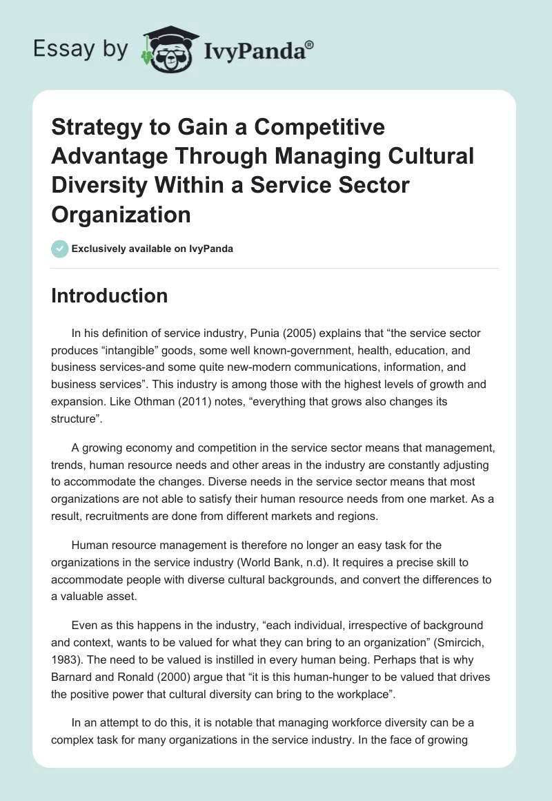 Strategy to Gain a Competitive Advantage Through Managing Cultural Diversity Within a Service Sector Organization. Page 1
