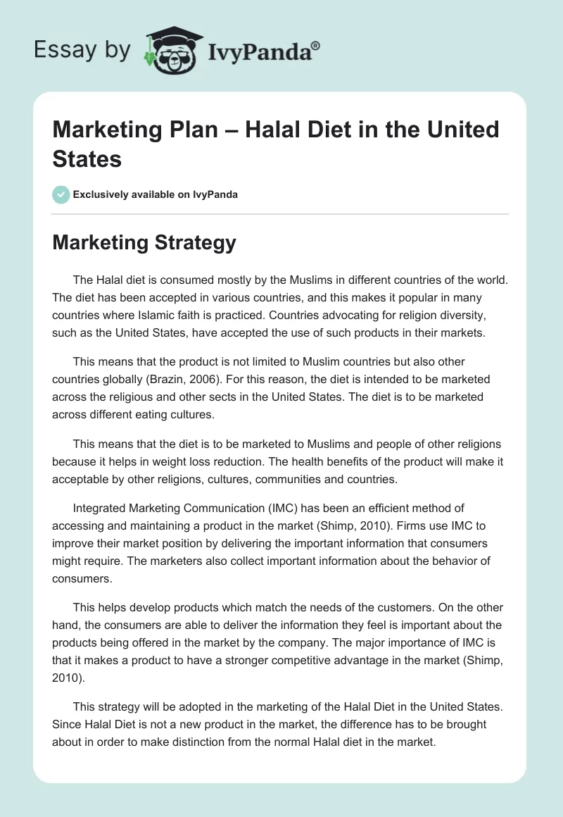 Marketing Plan – Halal Diet in the United States. Page 1